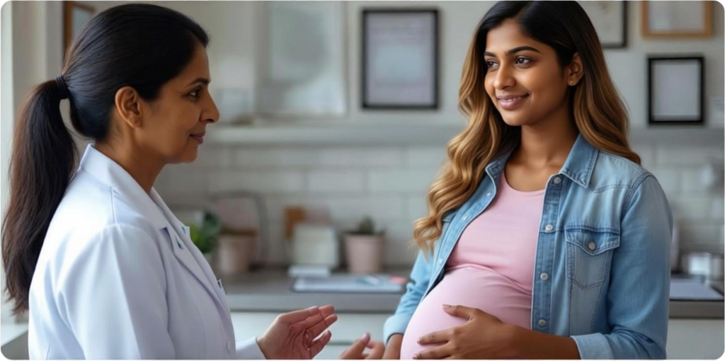 Doctor discussing IVF treatment with a pregnant patient during consultation at Disha Fertility clinic