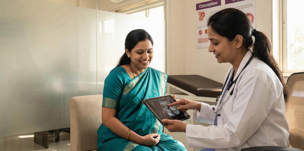 Doctor explaining IVF embryo transfer procedure to patient during fertility consultation